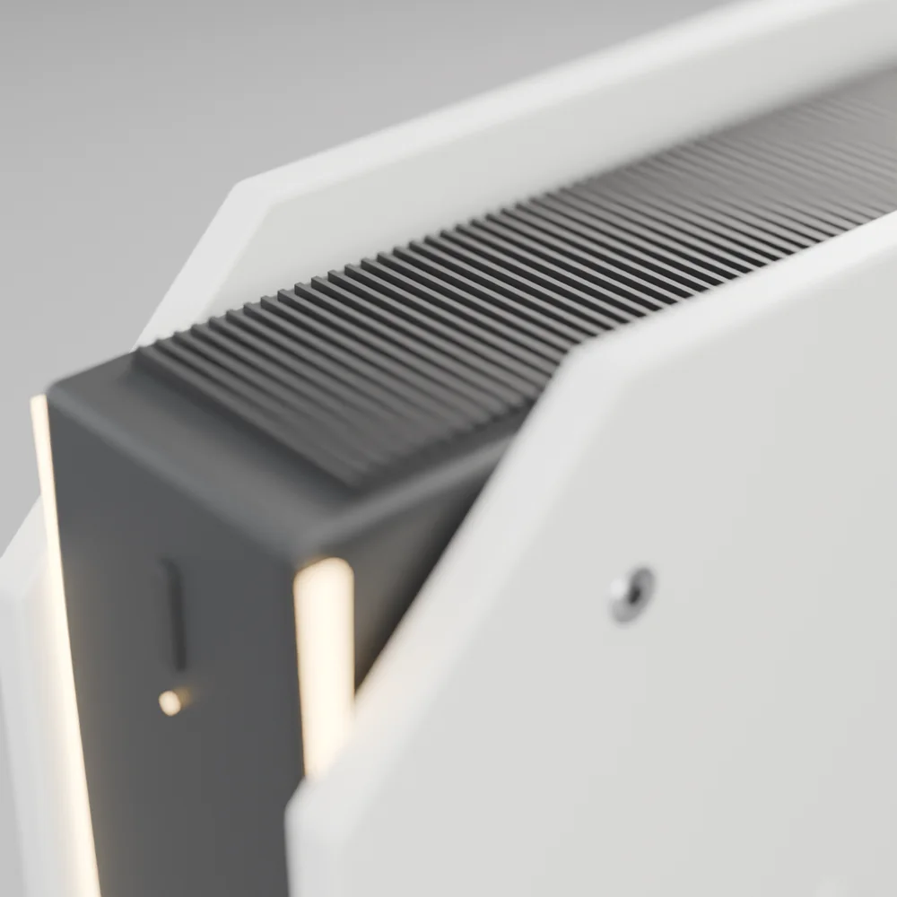 Close-up of the top exhaust grille and amber light seam
