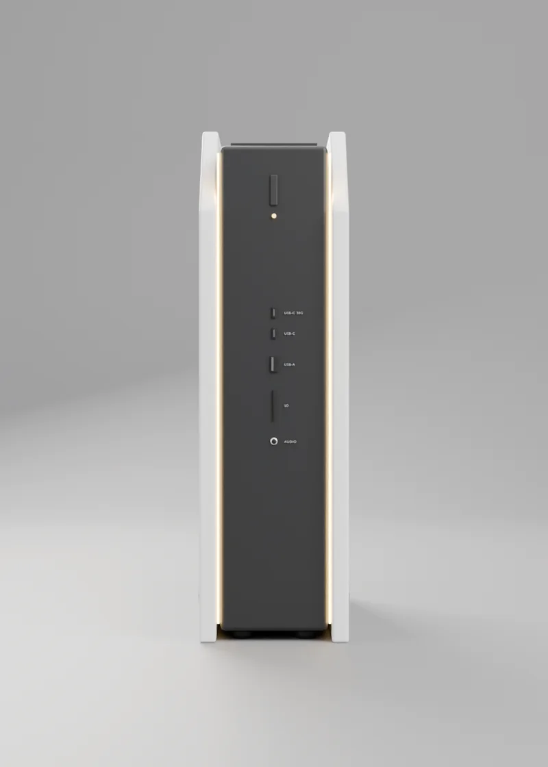 Front view showing the power button and front ports