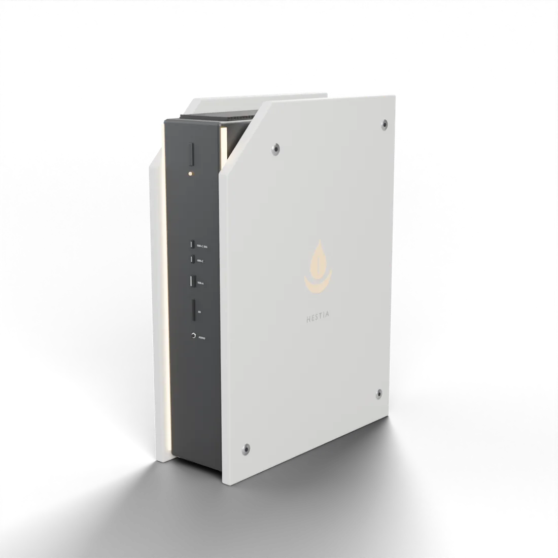 Hestia One in Frost: white side panels around a black core with amber light seams